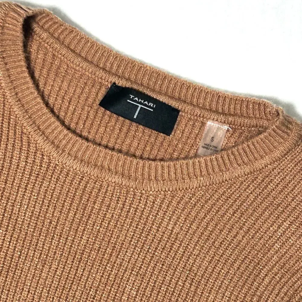 Tahari Sweater Women's Rib Knit Puff Sleeve Fitted Brown Camel Size Small‎